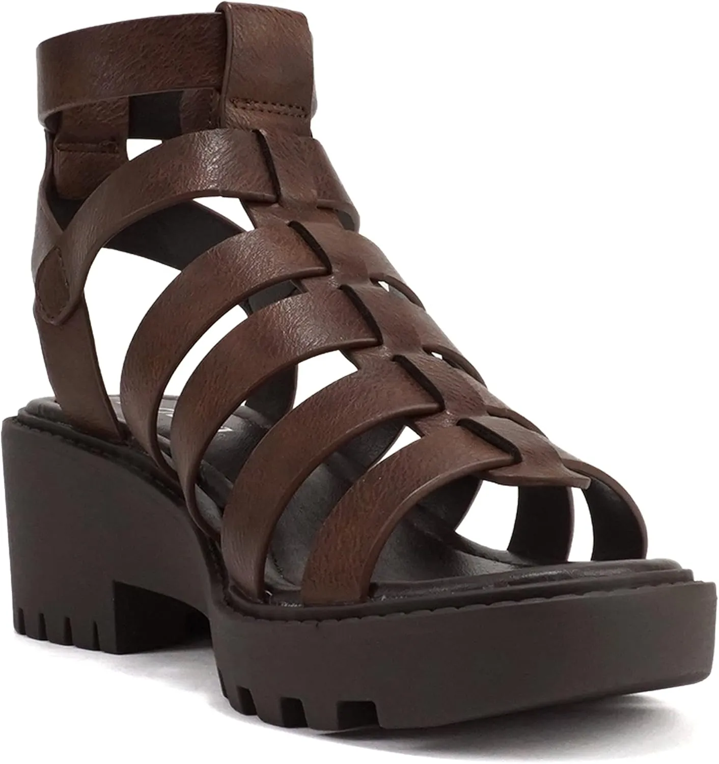 Soda “Rebirth” ~ Women Open Toe Fisherman Multi Strap Buckle Lug Sole Low Block Heeled Sandals