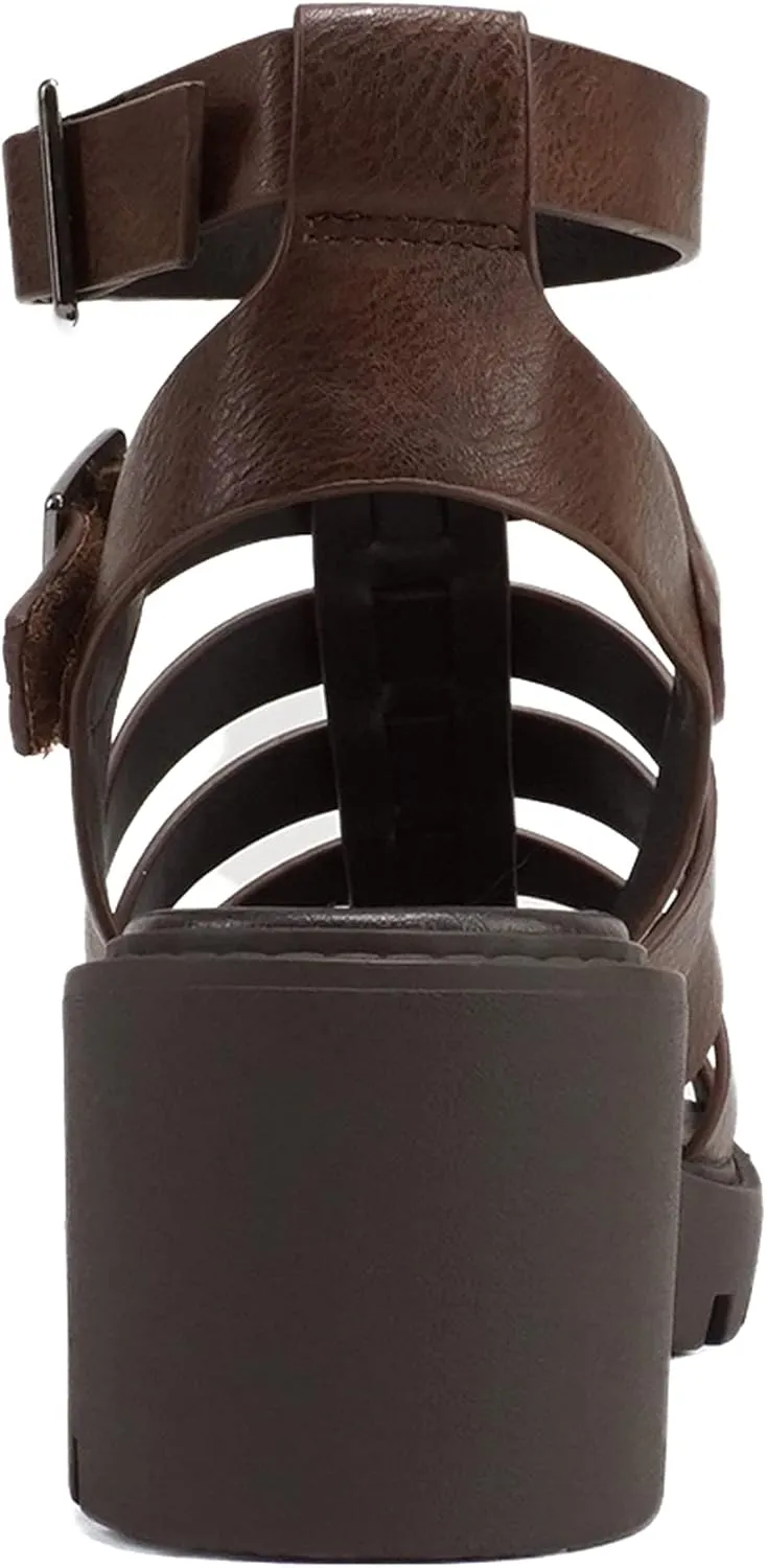 Soda “Rebirth” ~ Women Open Toe Fisherman Multi Strap Buckle Lug Sole Low Block Heeled Sandals