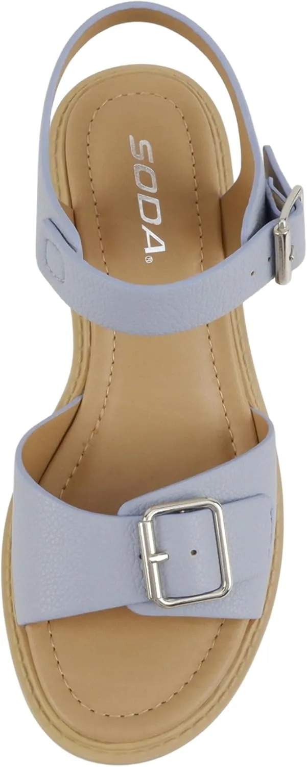 Soda Remo ~ Women Round Toe Buckle Strap Lug Sole Wedge Sandal
