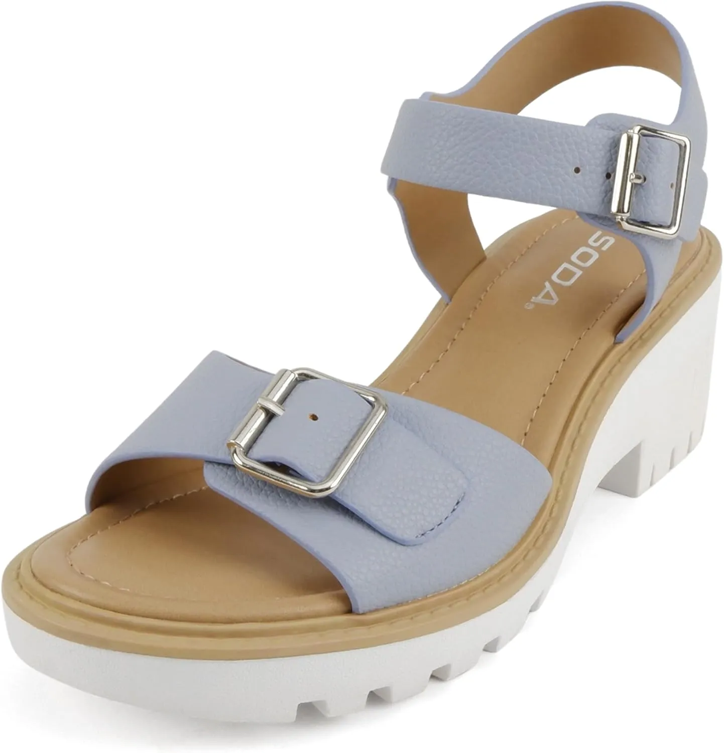 Soda Remo ~ Women Round Toe Buckle Strap Lug Sole Wedge Sandal