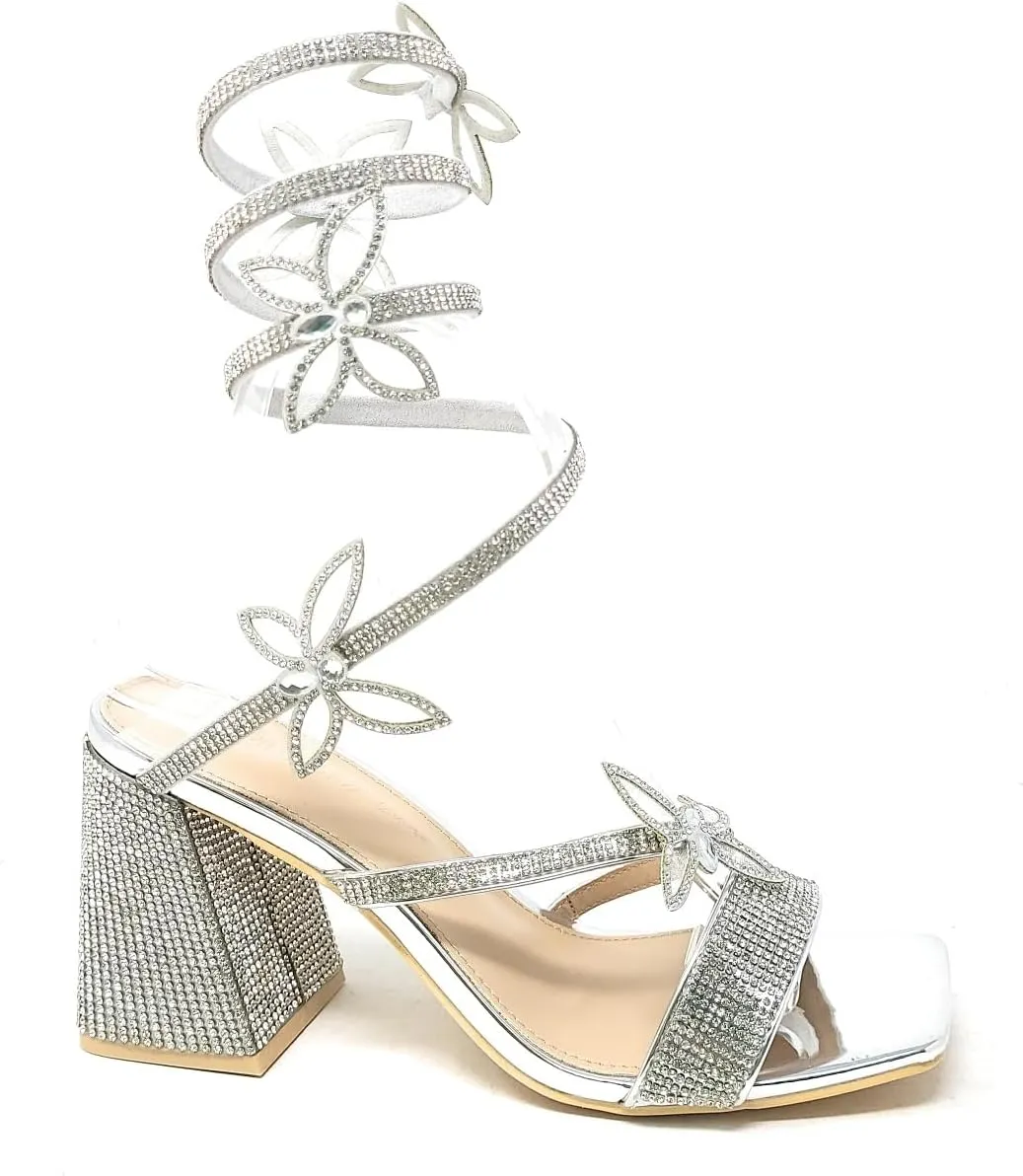 Wild Diva Women's Adams-07 Embellished Rhinestone Butterfly Spiral Coil Wrap Around Chunky Heels