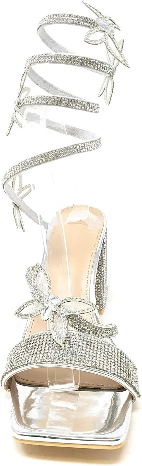 Wild Diva Women's Adams-07 Embellished Rhinestone Butterfly Spiral Coil Wrap Around Chunky Heels