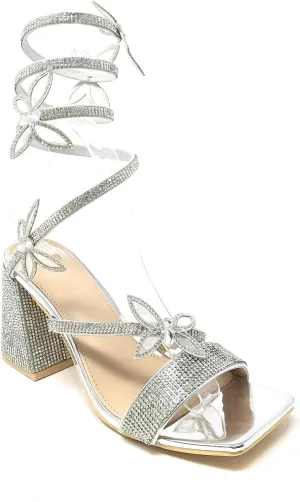 Wild Diva Women's Adams-07 Embellished Rhinestone Butterfly Spiral Coil Wrap Around Chunky Heels