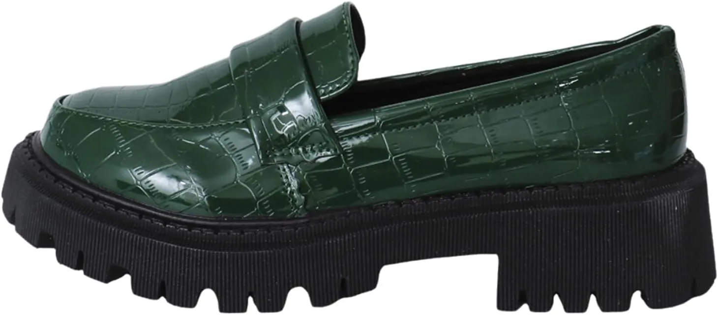 Women's Patent Leather Flat Bottomed Loafers, Crocodile Leather Pattern one Foot Stirrup Non-Slip Thick Bottom Business Casual Work Shoes