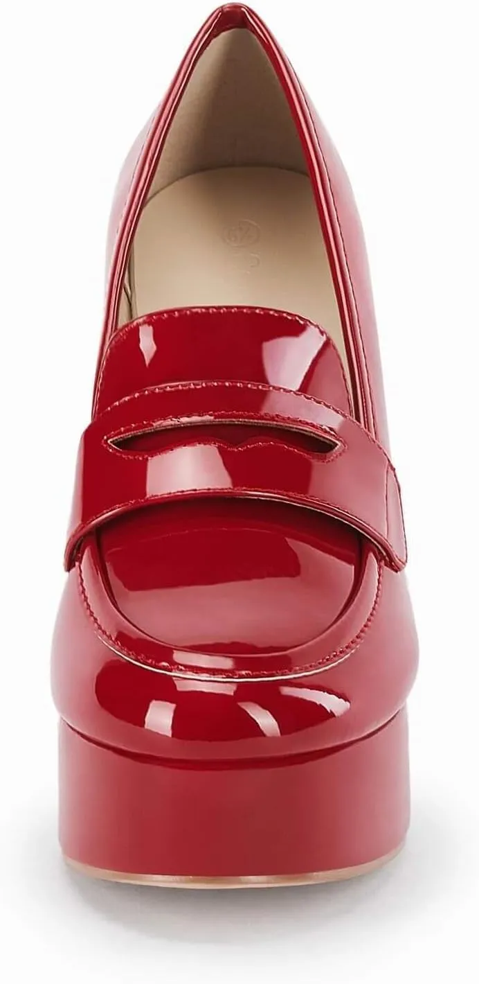 Womens Platform Heels Loafers Chunky High Heel Closed Toe Patent Leather Shoes Penny Loafer Business Dress Work Pumps