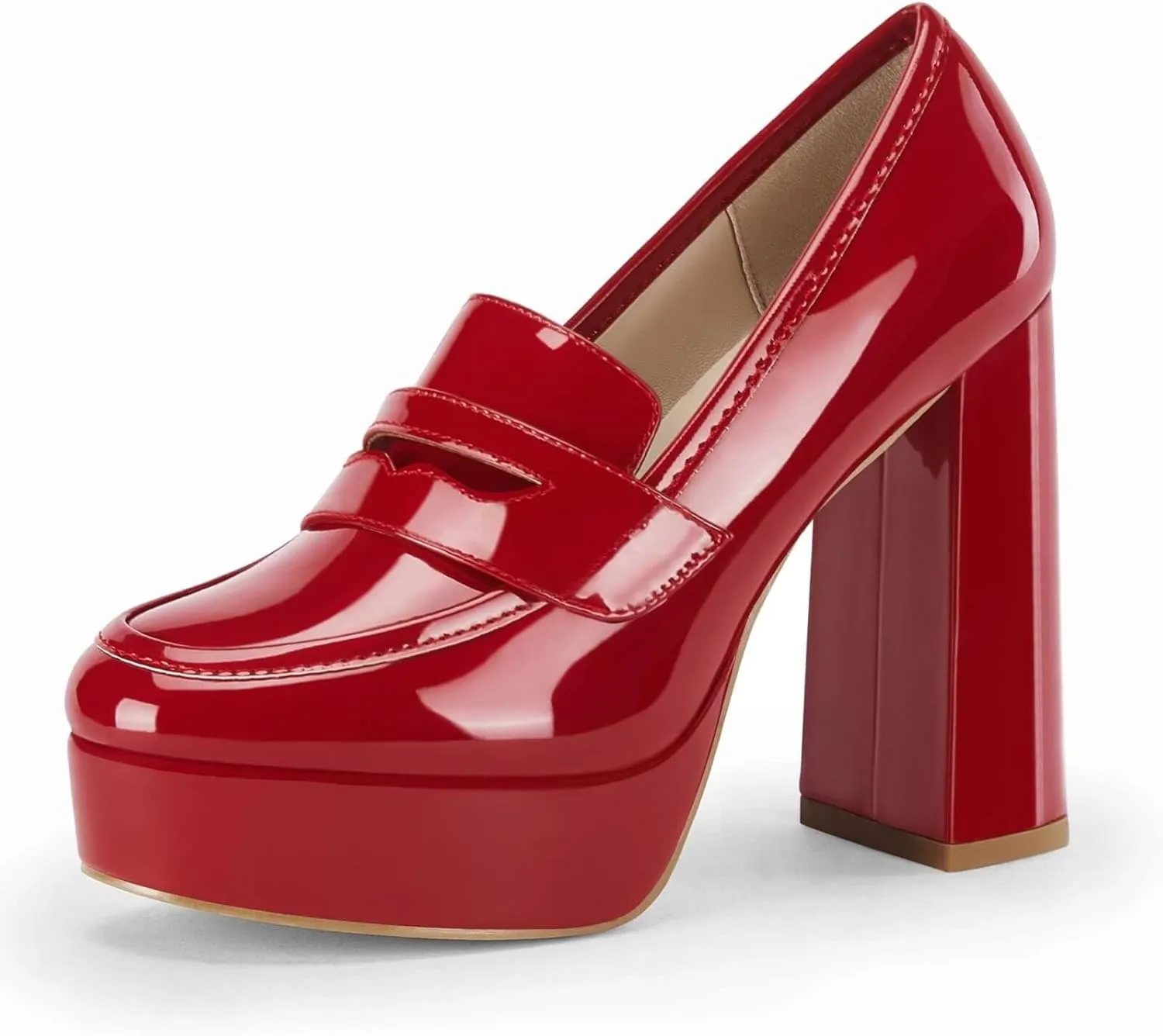 Womens Platform Heels Loafers Chunky High Heel Closed Toe Patent Leather Shoes Penny Loafer Business Dress Work Pumps