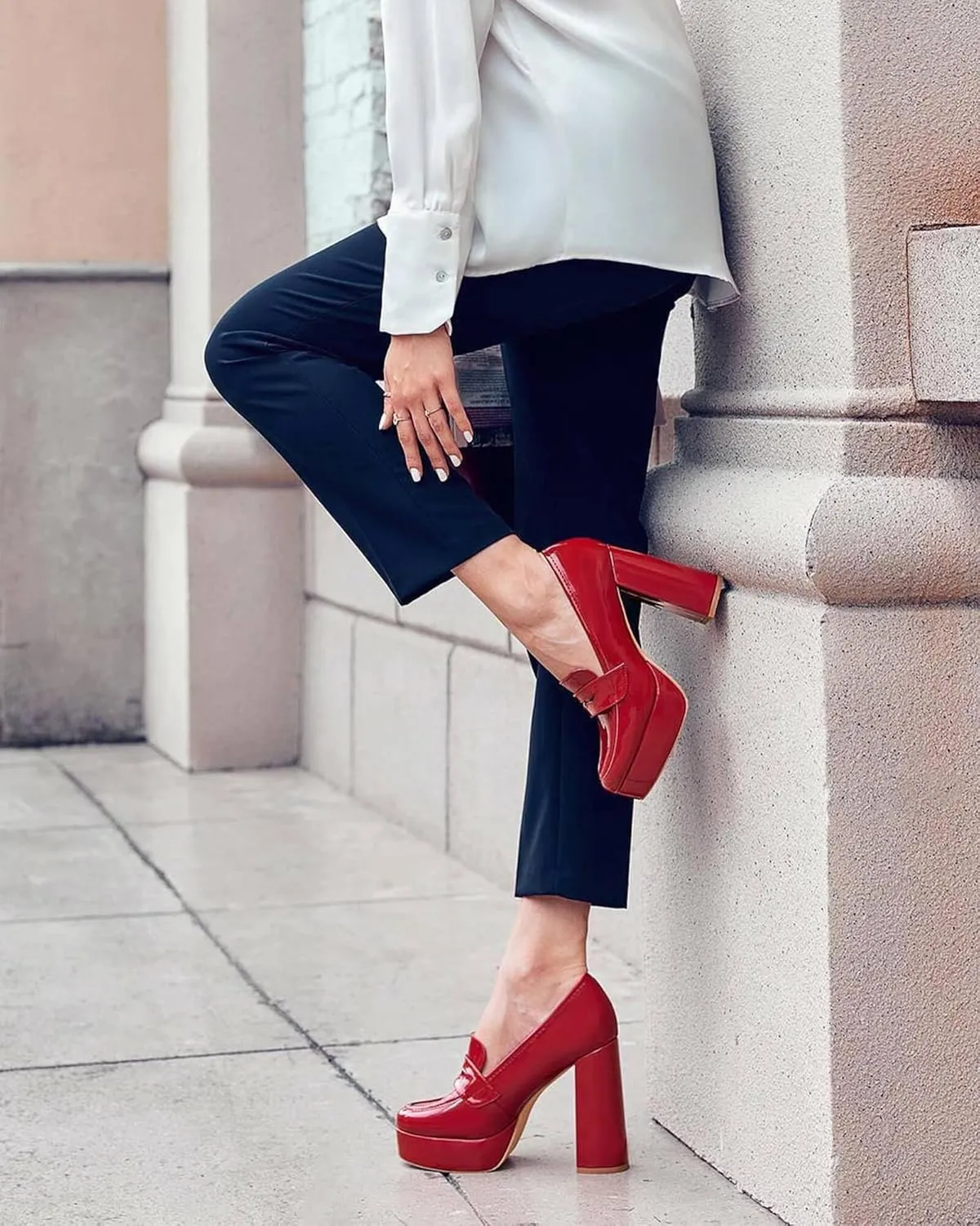 Womens Platform Heels Loafers Chunky High Heel Closed Toe Patent Leather Shoes Penny Loafer Business Dress Work Pumps