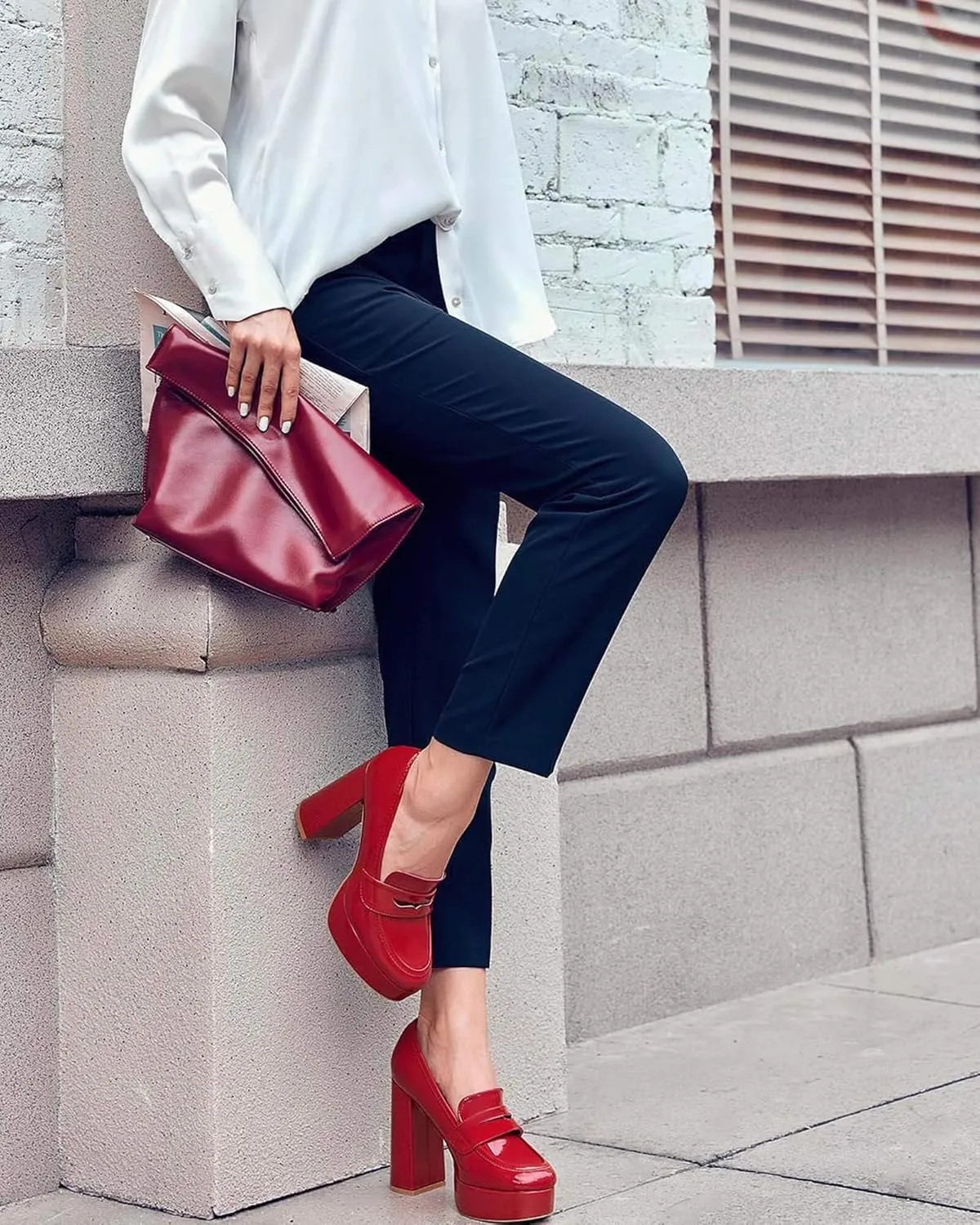 Womens Platform Heels Loafers Chunky High Heel Closed Toe Patent Leather Shoes Penny Loafer Business Dress Work Pumps