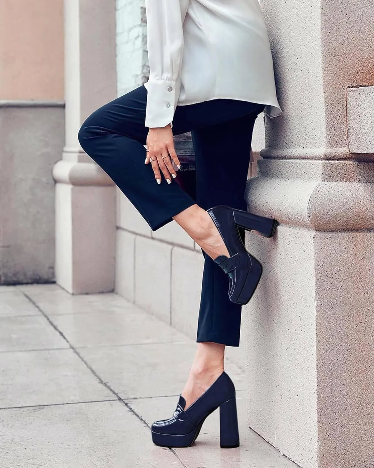 Womens Platform Heels Loafers Chunky High Heel Closed Toe Patent Leather Shoes Penny Loafer Business Dress Work Pumps